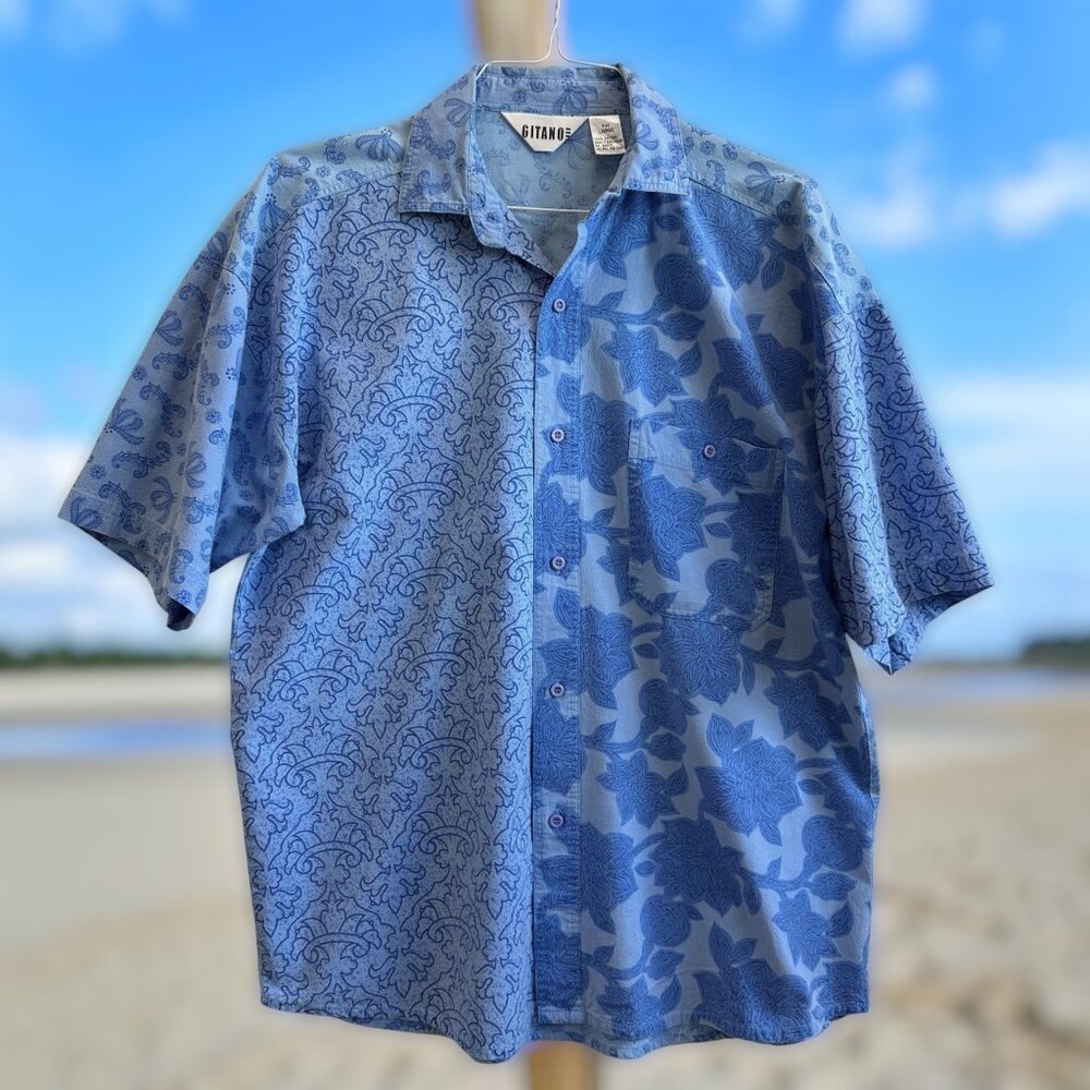 Vintage 90s Gitano Floral‎ Shirt L Blue Cotton Button Front